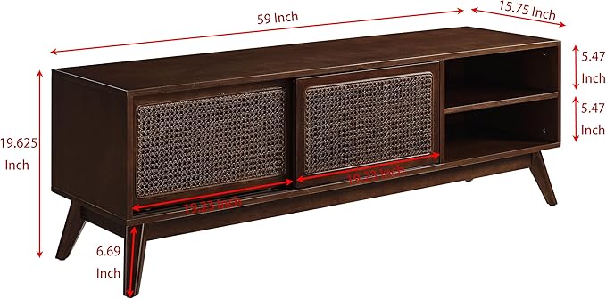 Ball & Cast 59" Mid Century Modern TV Stand for TVs up to 65", Media Console with Rattan Sliding Doors, 2 Open Shelves & Solid Wood Legs, Entertainment Center for Living Room,Bedroom,Walnut