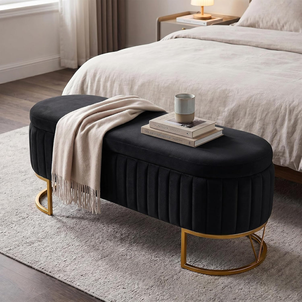 Storage Bench Bedroom Bench, Velvet Oval Upholstered End of Bed Bench with Go...