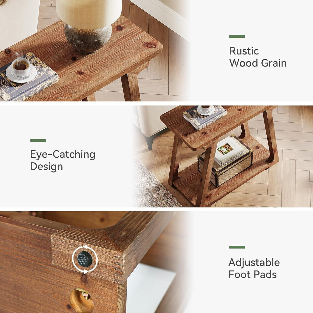 Solid Wood End Table for Living Room, 2-Tier Narrow Rustic Side Table, Rectan...