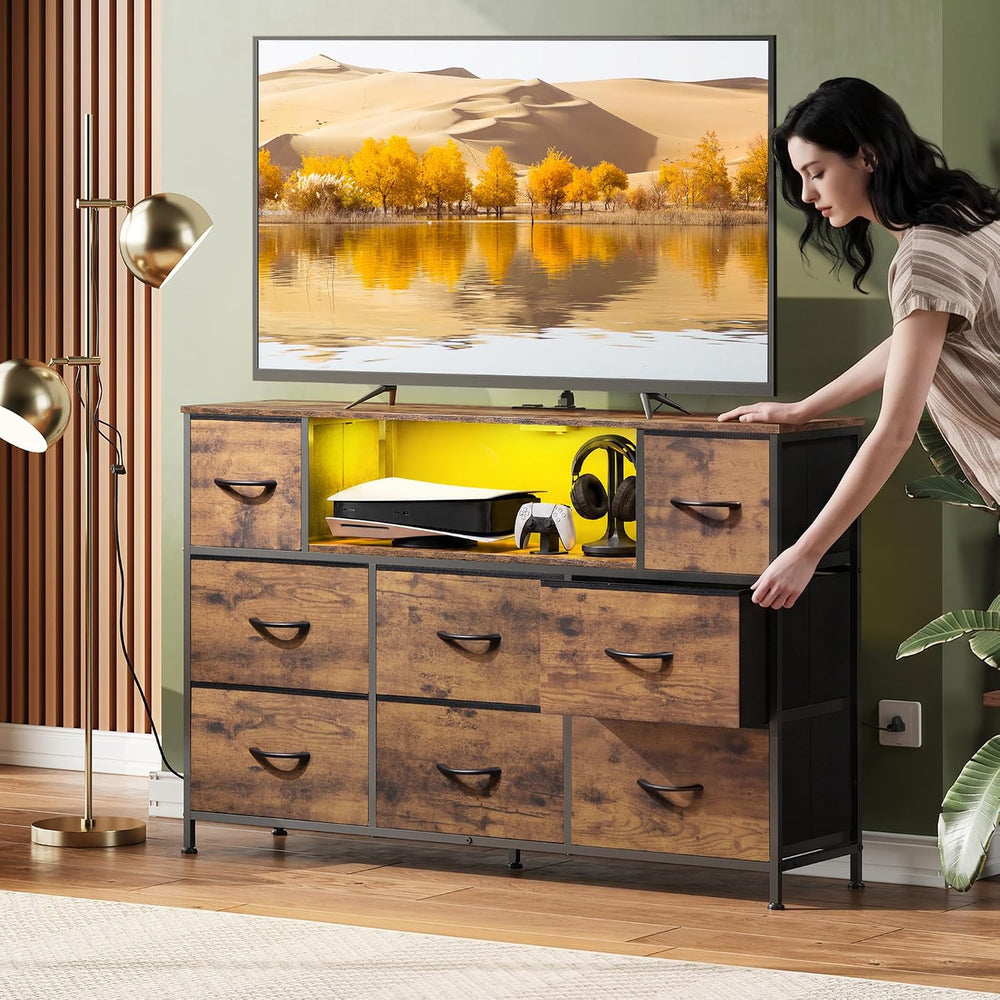 WLIVE LED Dresser TV Stand for 55 Inch TV, 8 Fabric Drawers, Brown Dresser
