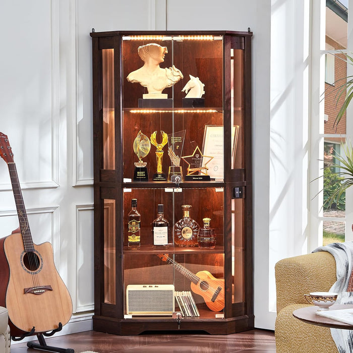 LELELINKY Farmhouse Corner Display Cabinet with Glass Doors, Corner Curio Cabinet with 3-Color LED Motion-Sensor Light, Reinforced Base, Walnut