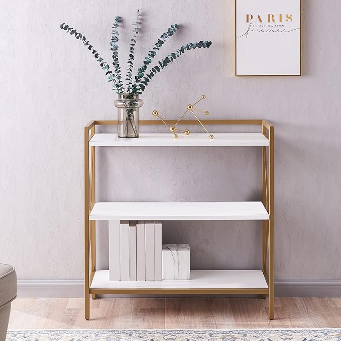 Leick Home Claudette Bookshelf, White Wood, Satin Gold, 3 Shelves, Easy Assembly, 12 in D x 32 in W x 32.25 in H, Item 9261-WTGL