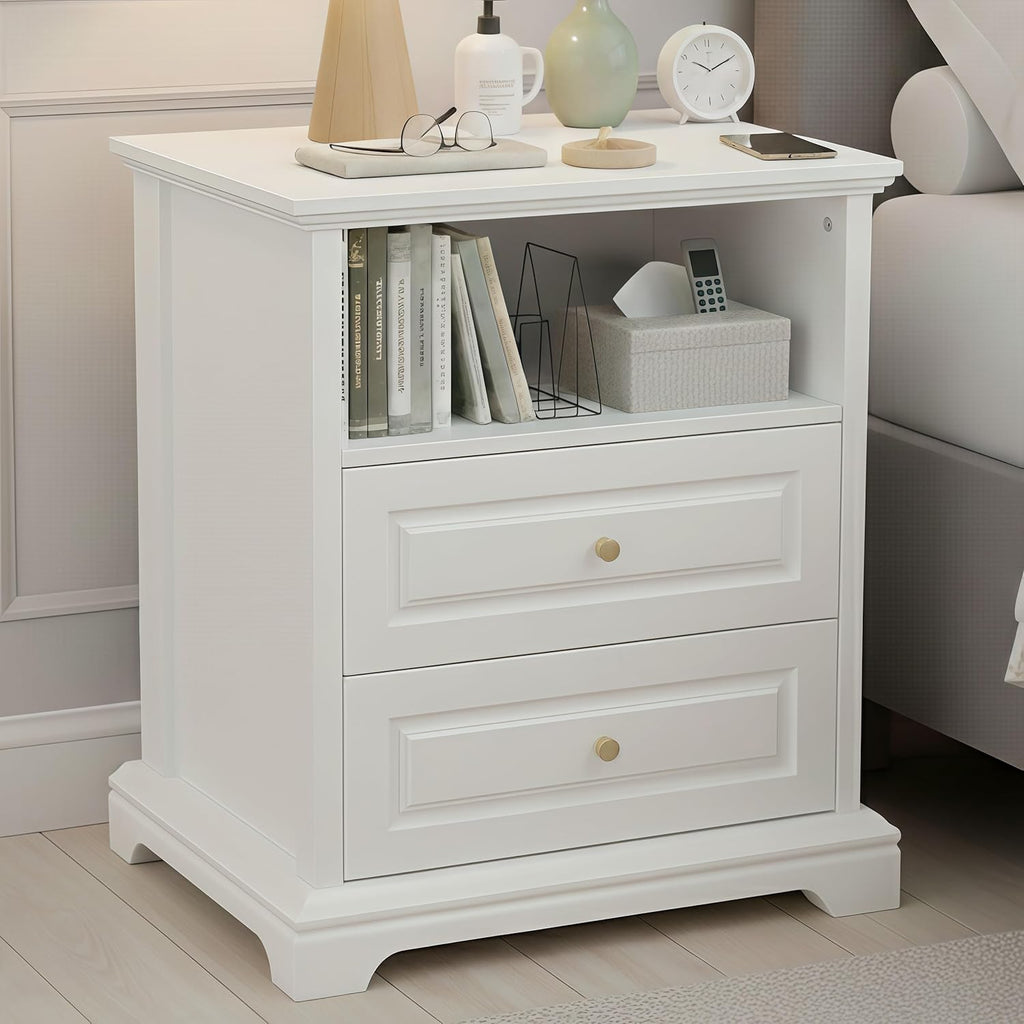 White Nightstand with 2 Drawers & Open Shelf, 21.2"x16.5"x24.0" Bedside Table with Gold Knobs, Modern End Table for Bedroom Living Room