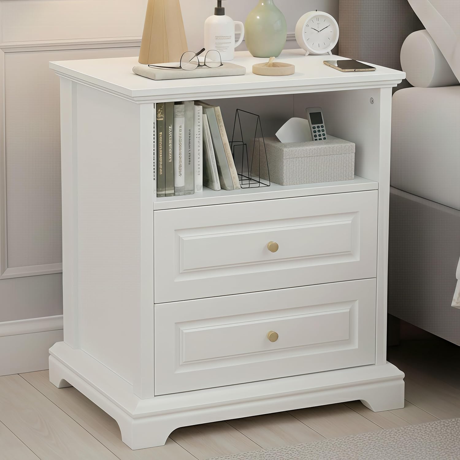 White Nightstand with 2 Drawers & Open Shelf, 21.2"x16.5"x24.0" Bedside Table with Gold Knobs, Modern End Table for Bedroom Living Room