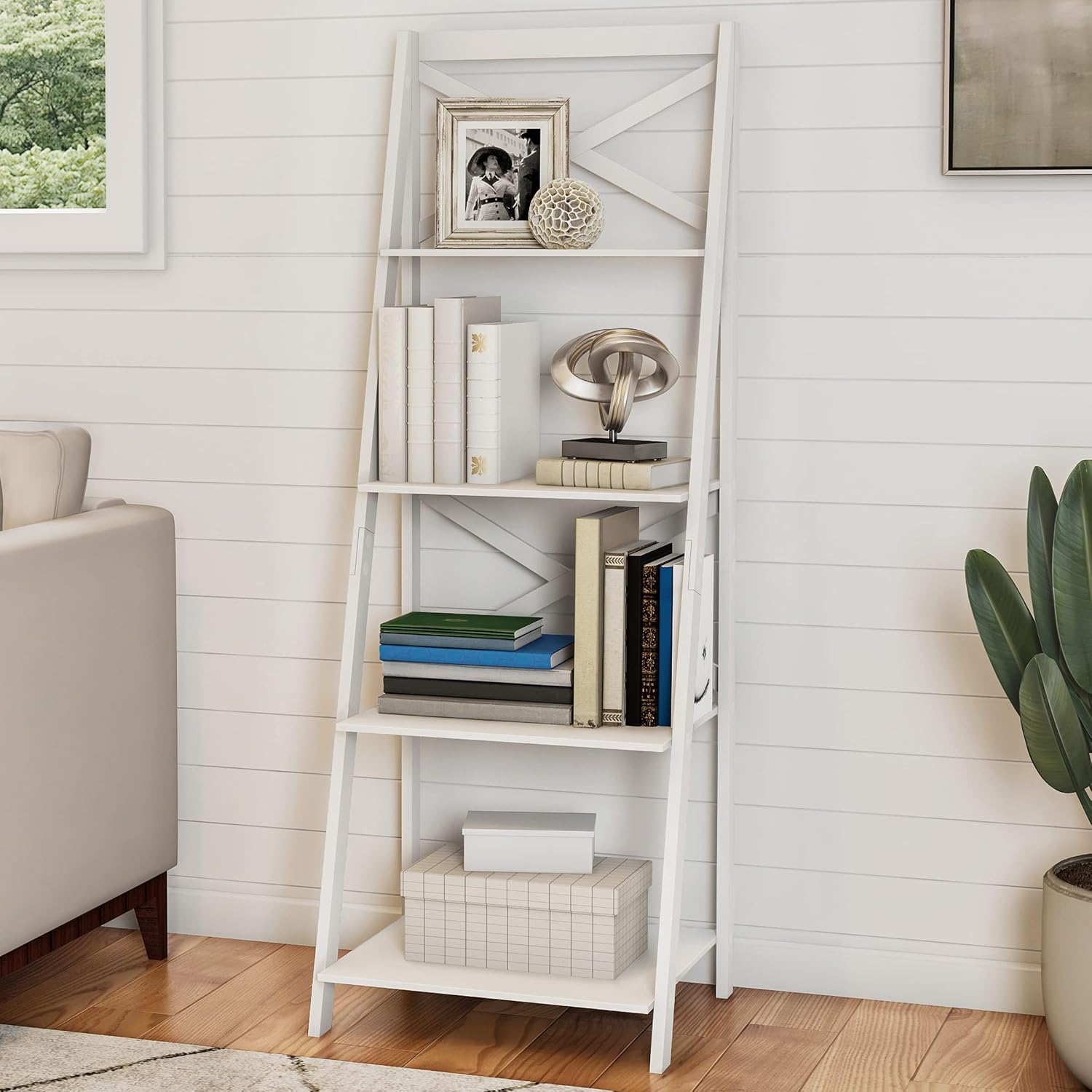 4-Tier Ladder Bookshelf - Freestanding Shelved Bookcase with X-Back Frame and Leaning Look - Display Shelves for Home or Office by Lavish Home (White)