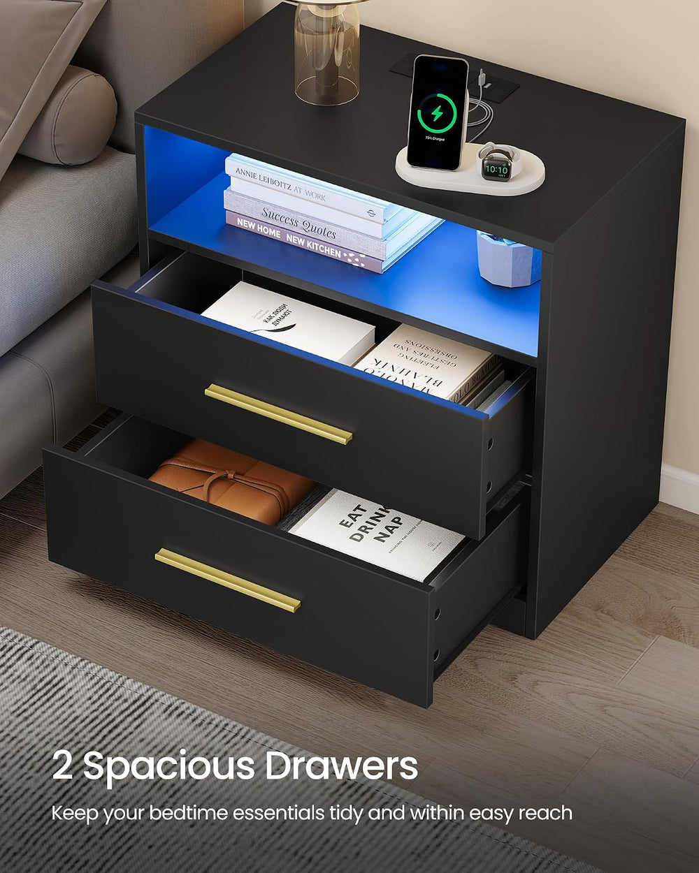 VASAGLE CUSTOS Collection Nightstand with Charging Station, 23.6 Inch | LED L...