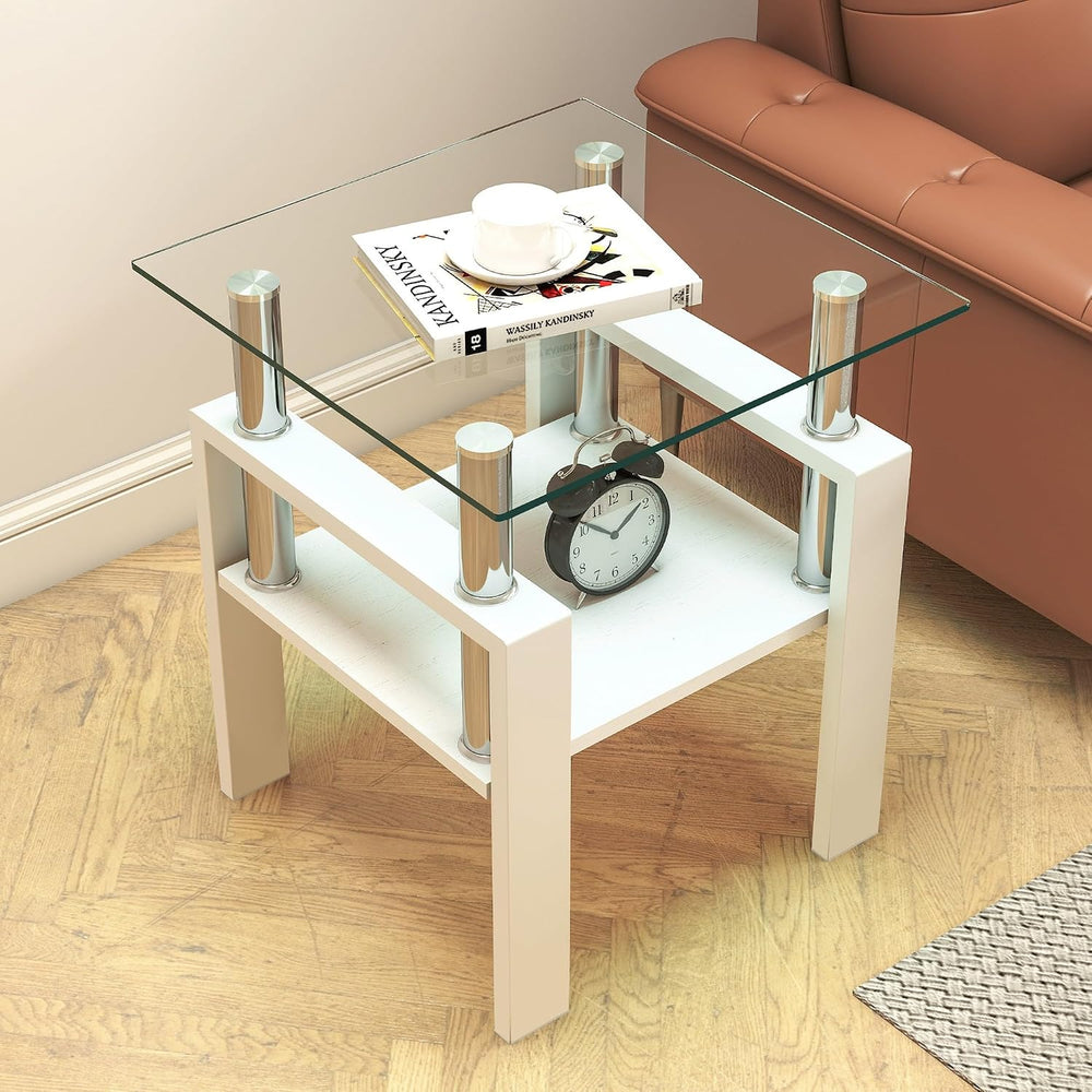 2-piece Set Modern Tempered Glass Side Table, Small Glass Top End Table, Squa...