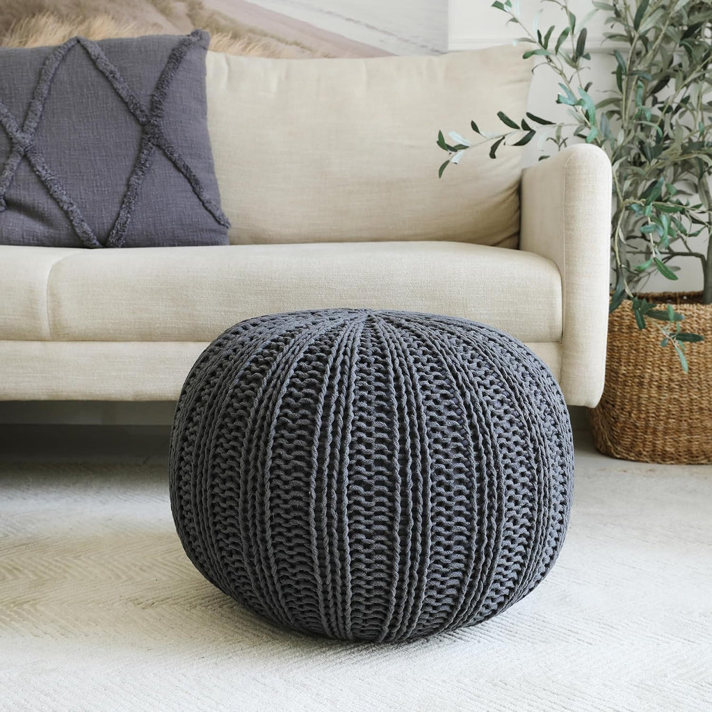 LR Home Black Cableknit Cotton Round Ottoman for Home Decor | Hand-Made Casual Foot Rest for Bedroom & Living Room Decor | 20 x 20 x 16 Stuffed Pouf for Seating