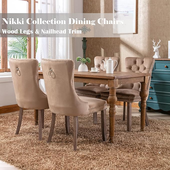 Upholstered Dining Chairs Set of 4, Velvet Dining Room Chairs with Back Ring Pull Trim and Solid Wood Legs, Tufted Wingback Kitchen Chair Perfect for Dining Room,Living Room,Kitchen(Khaki)
