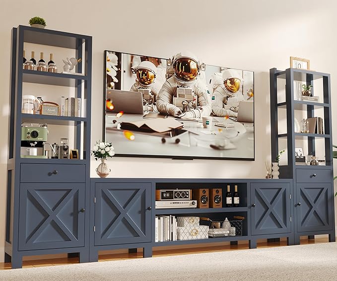 94" W Entertainment Center with Bookshelves & Storage, Large Wall Unit TV Stand for TVs up to 70", Modern White Wood Media Console with Power Hub for Living Room (Blue)