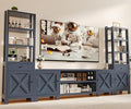 94" W Entertainment Center with Bookshelves & Storage, Large Wall Unit TV Stand for TVs up to 70", Modern White Wood Media Console with Power Hub for Living Room (Blue)