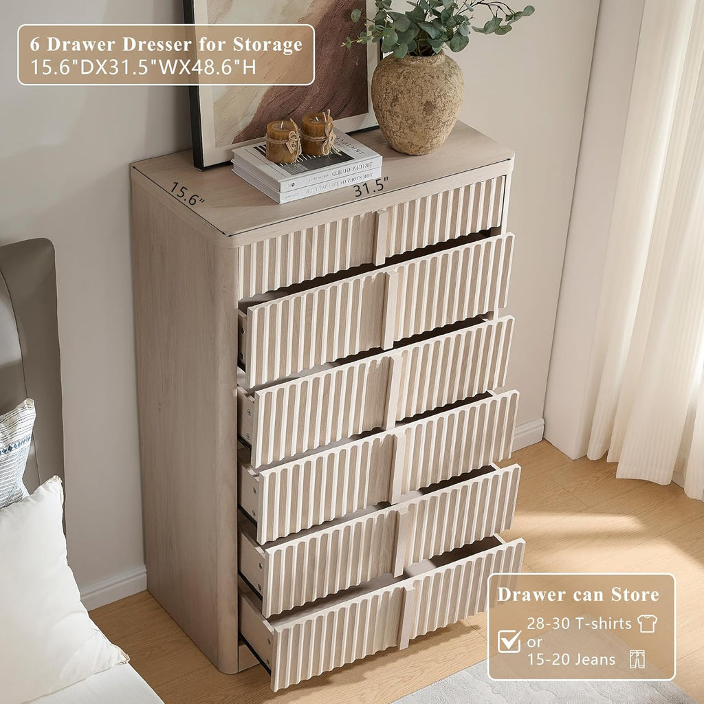 Fluted Dresser for Bedroom, Chest of Drawers, 48" Tall 6 Drawer Dresser, Curved Profile Design, Modern Wooden Chest of Drawers with Solid Wood Handle for Living Room, Bedroom, Hallway