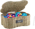 Seagrass Wicker Baskets for Dog Toys,Bone Shaped Dog Toy Bin with Lid,Personalized Dog Toy Organizer Boxes for Living Room,Farmhouse Handmade Pet Dog Storage,Dog Stuff Organizer