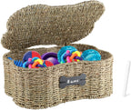 Seagrass Wicker Baskets for Dog Toys,Bone Shaped Dog Toy Bin with Lid,Personalized Dog Toy Organizer Boxes for Living Room,Farmhouse Handmade Pet Dog Storage,Dog Stuff Organizer