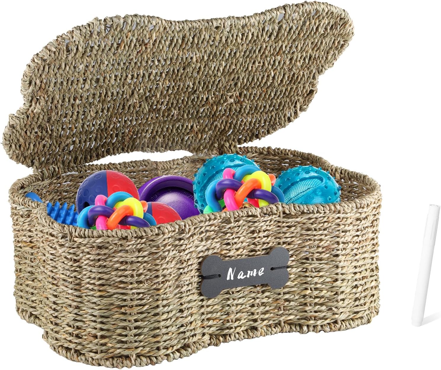 Seagrass Wicker Baskets for Dog Toys,Bone Shaped Dog Toy Bin with Lid,Personalized Dog Toy Organizer Boxes for Living Room,Farmhouse Handmade Pet Dog Storage,Dog Stuff Organizer