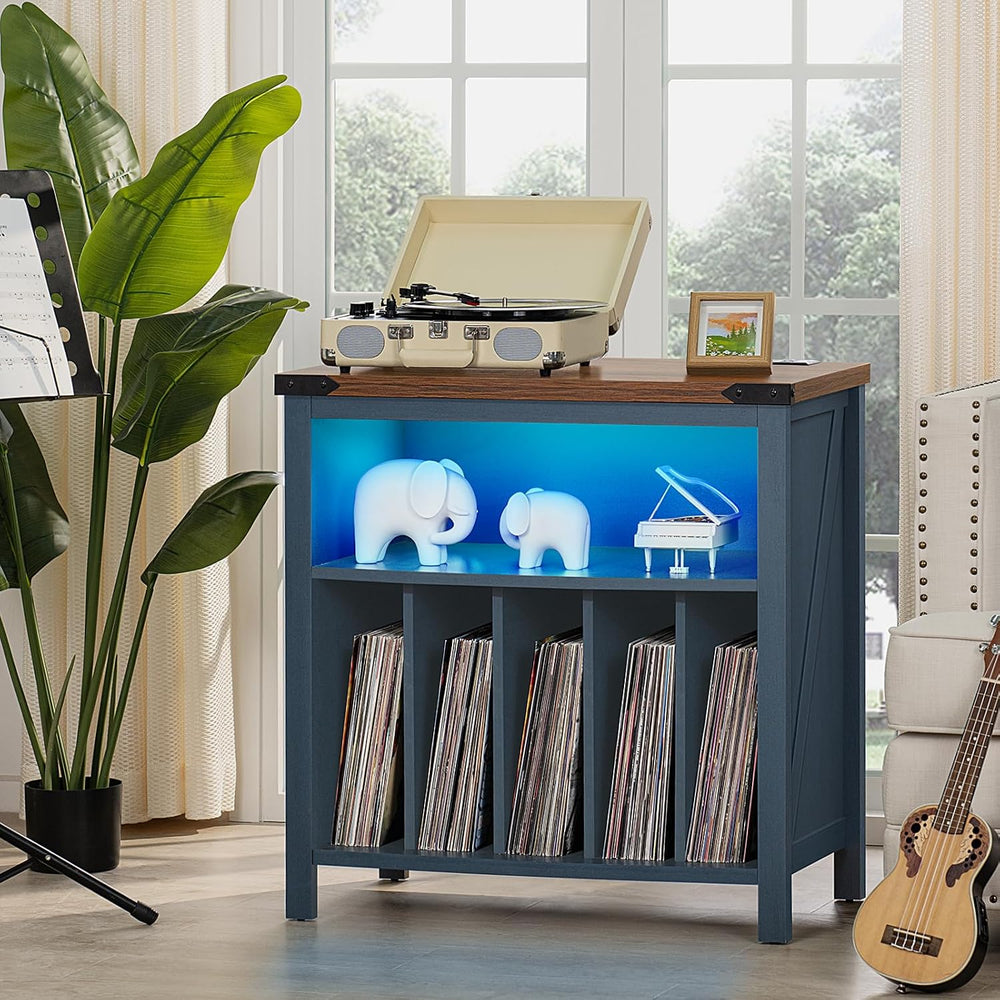 Joaxswe Large Record Player Table with Charging Station & LED Lights, Blu...