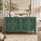 Green Sideboard Cabinet with Carved Doors, Green Buffet Cabinet, Vintage Cabinet with Storage Shelves, Farmhouse Storage Cabinet for Dining Room, Living Room & Entryway