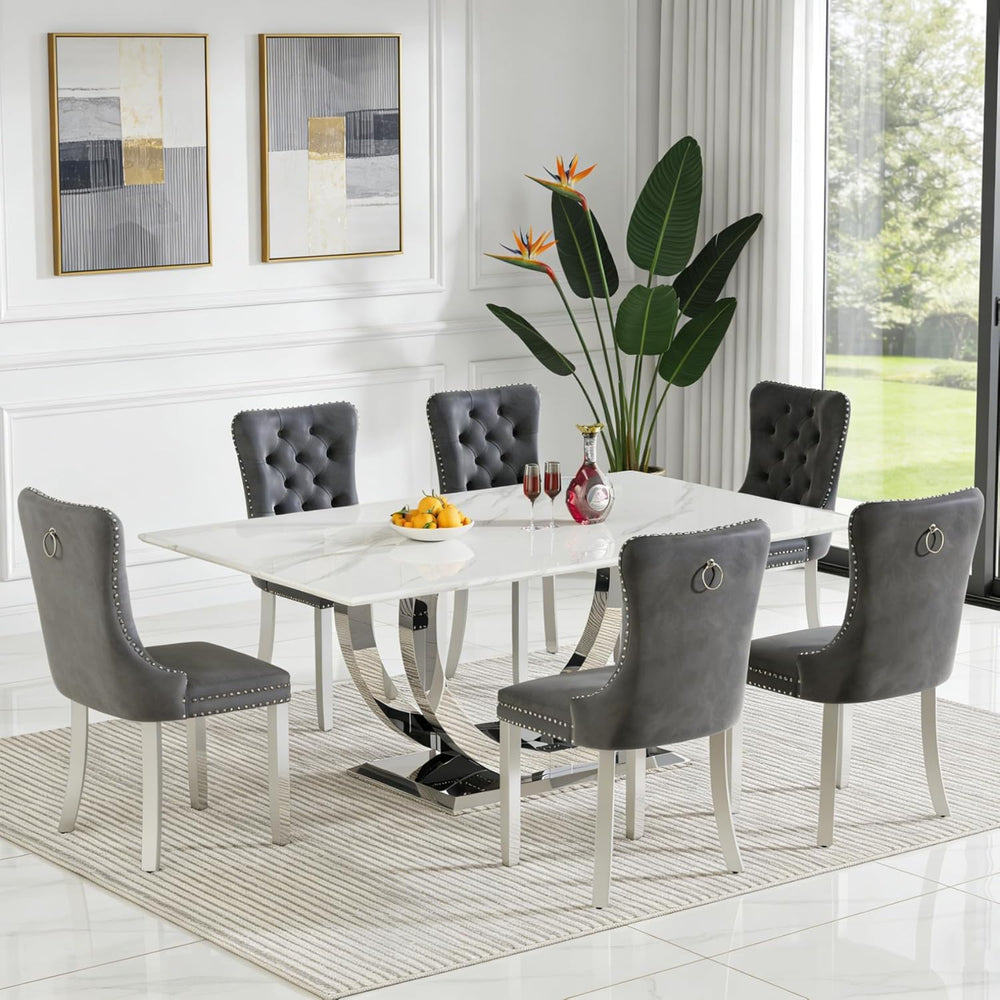 69.3" White Marble Dining Table for 6-8, Luxury Rectangular Kitchen Tabl...