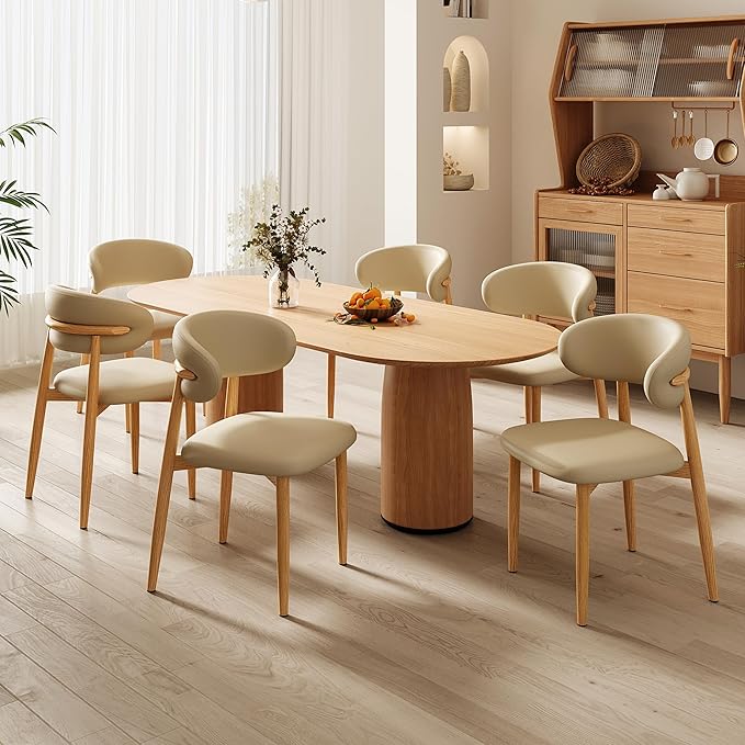 Dining Chairs Set of 6 for Kitchen Dining Table Mid Century Modern Farmhouse Upholstered Leather Dining Room Chairs with Metal Legs, Original Khaki