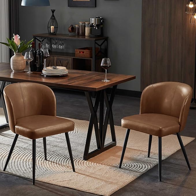 Dining Chairs Set of 2, Upholstered Kitchen Chairs with Faux Leather Cushion Seat and Metal Legs, Mid Century Modern Dining Room Chair for Kitchen, Living Room, Easy Assembly, Brown