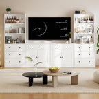 TUSY 71" Large TV Stand Set - TV Entertainment Center for TVs up to 65", Media Center with Tempered Glass Doors and Drawer, TV Hutch with Bookshelves for Living Room (White, BEEB)