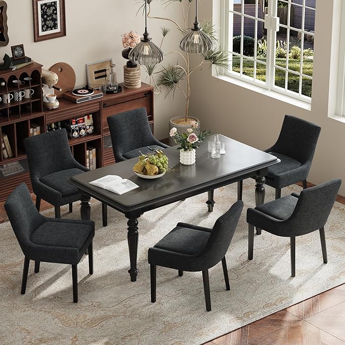 Modern Dining Chairs Set of 4, Upholstered Corduroy Dining Room Chairs with Wood Legs, Mid-Back Padded Kitchen Side Chairs for Dining Room, Black
