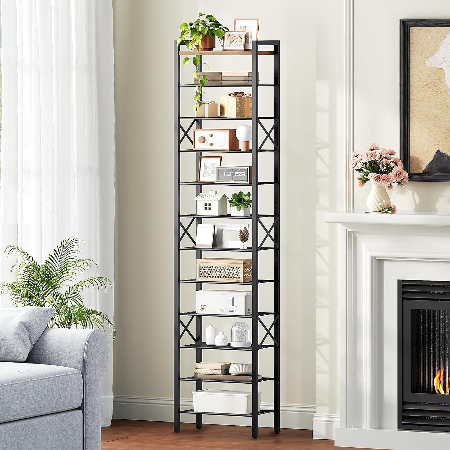 12-Tier Narrow Shoe Rack, Tall Shoe Rack for 12-24 Pairs, Slim Shoe Storage Organizer with Wooden Top, Space Saving, Metal Frame, for Entryway, Rustic Brown and Black SS61BR