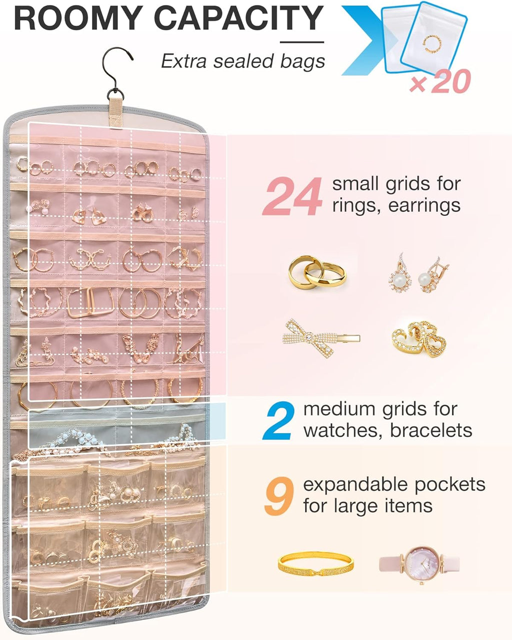 BAGSMART Hanging Jewelry Organizer, Necklace Holder Anti-tangle Earrings Rings Hanger with 20 Jewelry Bags Travel Storage Roll with Pockets Hang on Closet, Wall, Door,1 Piece, Large Grey