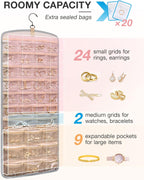 BAGSMART Hanging Jewelry Organizer, Necklace Holder Anti-tangle Earrings Rings Hanger with 20 Jewelry Bags Travel Storage Roll with Pockets Hang on Closet, Wall, Door,1 Piece, Large Grey
