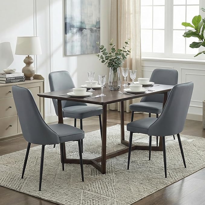 Modern Dining Chairs Set of 2, Faux Leather Upholstered Dining Room Chair Kitchen Chairs Dinner Side Chair with Curved Back and Metal Legs for Kitchen, Dining Room, Living Room, Grey