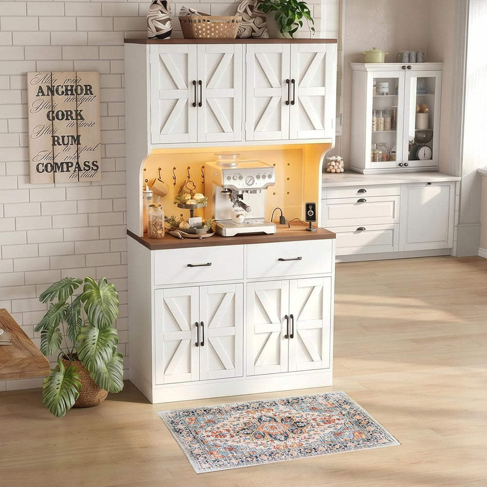 VK·LIVING 71" Kitchen Pantry Cabinet with LED Light & Charging Stati...