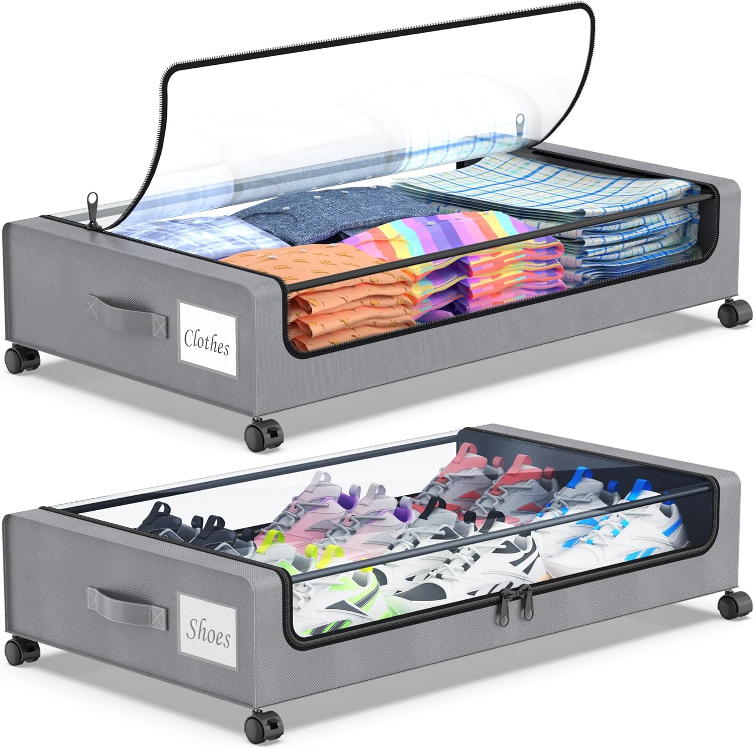 Beborxue Under Bed Storage with Wheels, 2-Pack Under the Bed Storage Containers with Lids, XXL 60L Under Bed Shoe Storage Organizer Bins, Rolling Underbed Storage for Clothes, Shoes, Blankets (Gray)