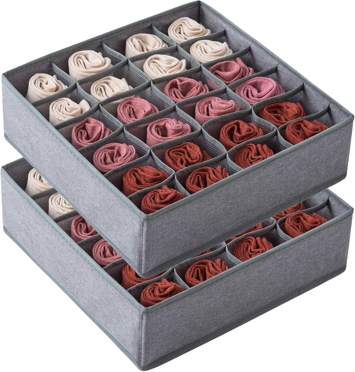 Qozary 2 Pack Socks Underwear Drawer Organizer Divider | 24 Cell, Collapsible, Cabinet Closet Organizer Storage Boxes, For Clothes, Socks, Lingerie, Underwear, Ties