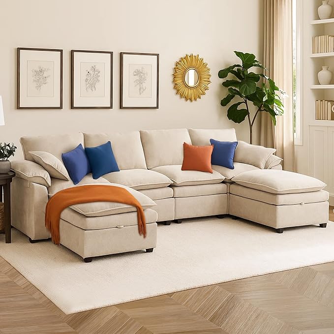 130" U Shaped Modular Sectional Sofa, Couch with Ottoman Storage, Chenille Cloud Couch with Plush Deep Seating for Living Room, Bedroom (Beige, 6 Seat)