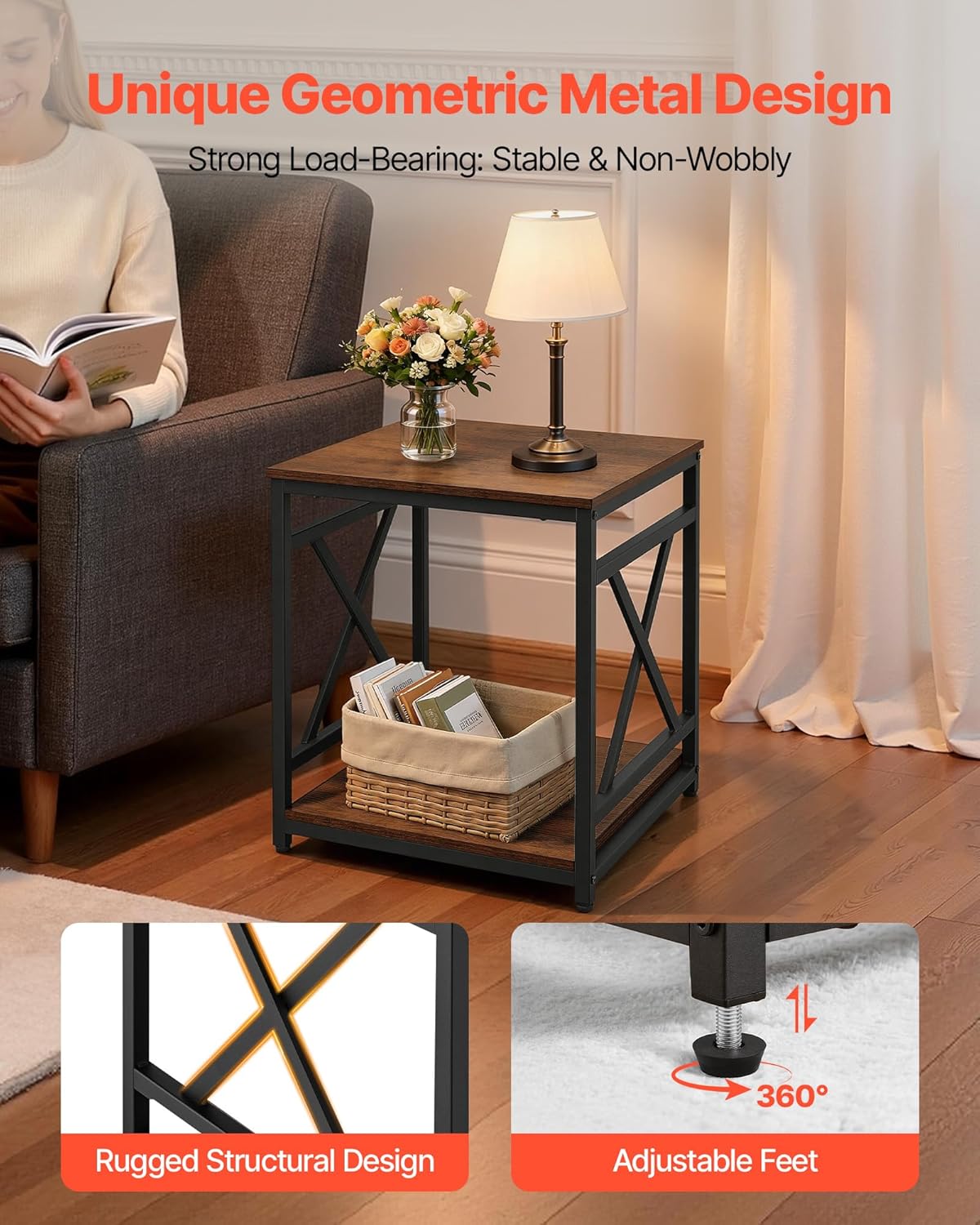 VEVOR End Table 18" Square, 2-Tier Side Table with Open Storage Shelves, Industrial Nightstand Bedside Table with Metal Frame & Wood Top, Small Sofa Table for Living Room, Bedroom, Office, Dorm