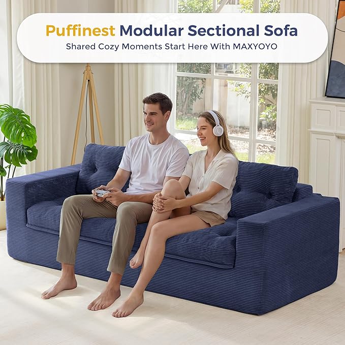 MAXYOYO 79" Loveseat Sofa Couch for Small Spaces, Upholstered Boneless Cloud Couch for Apartment Bedroom, 2-Seater Love Seat Floor Modern Sofa with Pillows, No Assembly Required, Navy