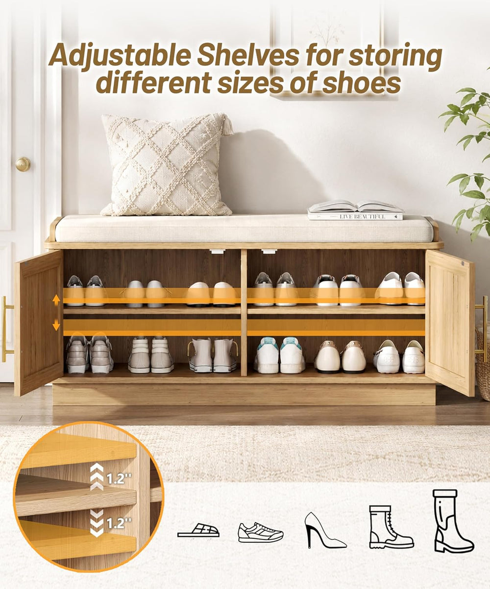 Akxomel 39.4" Fluted Shoe Storage Bench 2 Doors Wooden Entryway Bench Oa...