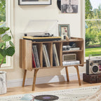 Lerliuo Record Player Stand with 4 Cabinet Holds Up to 220 Albums,Oak | Large Turntable Stand with Wood Legs, Mid-Century Record Player Table,Vinyl Holder Storage for Bedroom Living Room
