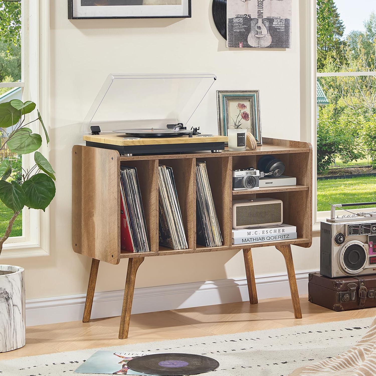 Lerliuo Record Player Stand with 4 Cabinet Holds Up to 220 Albums,Oak | Large Turntable Stand with Wood Legs, Mid-Century Record Player Table,Vinyl Holder Storage for Bedroom Living Room