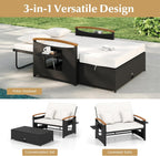 COSTWAY Patio Rattan Daybed, Outdoor Loveseat Sofa with Storage Ottoman, 4-Level Adjustable Backrest & Acacia Wood Armrest, Outdoor Wicker Daybed with Side Panels for Yard, Deck, Poolside (White)