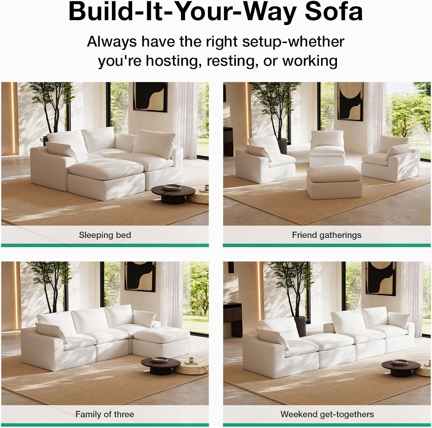 Novilla Modular Cloud Couch, Modern Sectional Sofa with Smarts Coil® Support, Chenille Fabric, Upholstered Couch for Living Room Apartments Bedroom, No Assembly, Ottoman, White