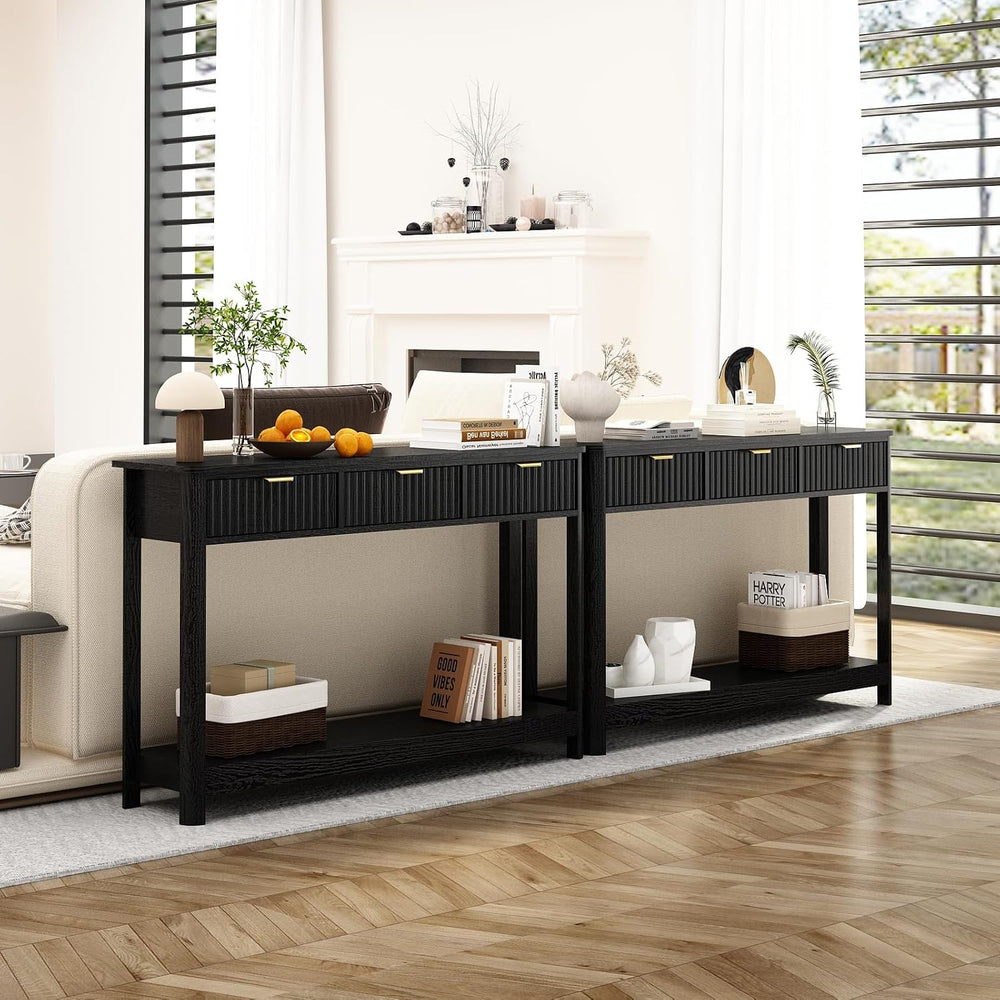 RUSTOWN Fluted Wood Console Table with 3 Drawers, Boho Narrow Behind Couch En...