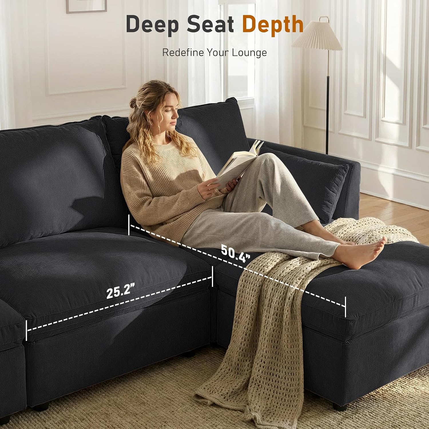 Furnimart 111" Modular Sectional Sofa with Full Seat Storage, U-Shaped 6-Seater Deep Seat Couch with Chenille Fabric Sectional with 2 Movable Ottomans for Living Room, Black