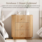COZAYH Farmhouse 3 Drawer Wood Nightstand with Vertical Slatted Wood, Rustic Curved Edge Dresser with Metal Handles, Modern Design Bed Side Table with Recessed Tray Top for Bedroom, Office (Natural)