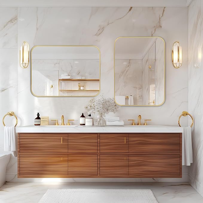 MZON 22x30 Inch Brushed Gold Vanity Mirror, Rectangle Bathroom Mirrors for Ov...