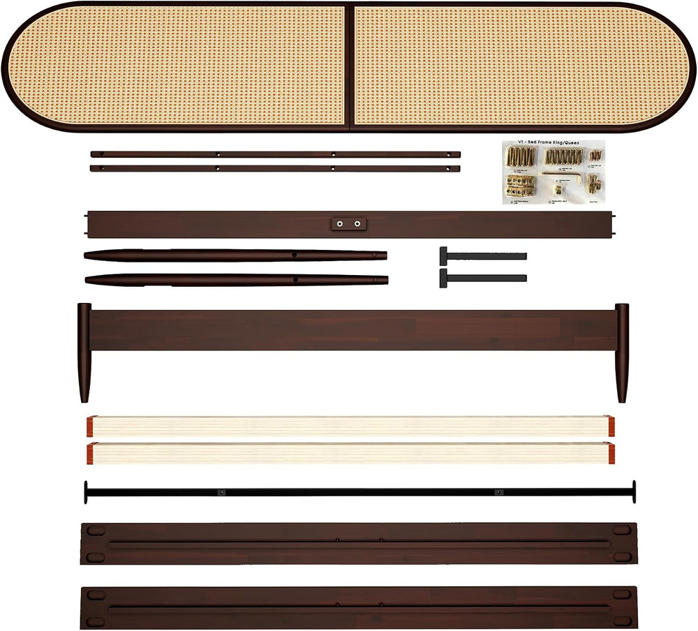 Queen Size Solid Wood Bed Frame, Rattan Boho Headboard, Dark Walnut