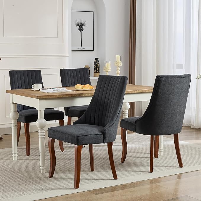Black Mid Century Dining Chairs Set of 8, Modern Kitchen & Dining Room Chairs Set of 8, Linen Upholstered Kitchen Chairs, Sillas de Comedor, Wood Legs (Black, 8 Pcs)