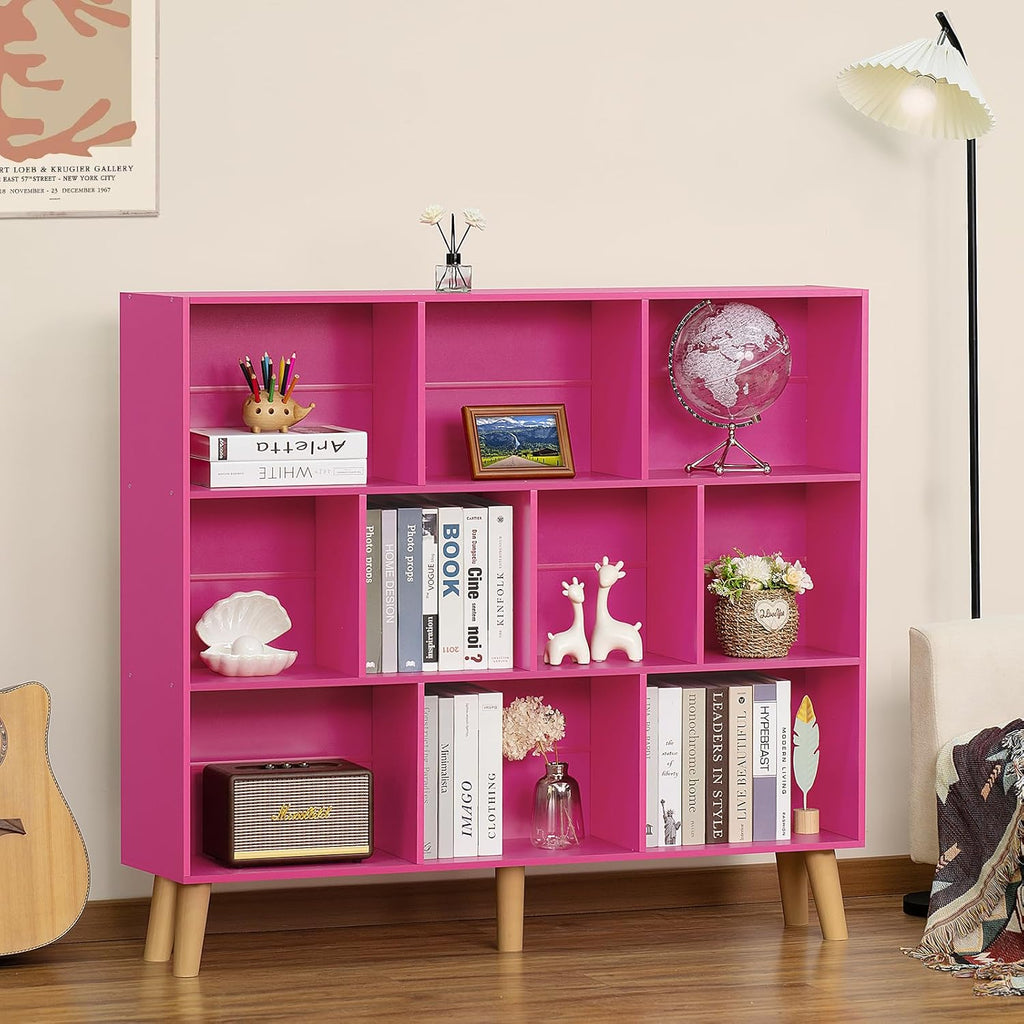 LEYAOYAO 10 Cube Bookshelf,3 Tier Modern Wide Bookcase with Legs,Mid-Century Wood Bookshelves Storage，Pink Large Book Case,Freestanding Organizer Display Shelf for Bedroom,Living Room,Office