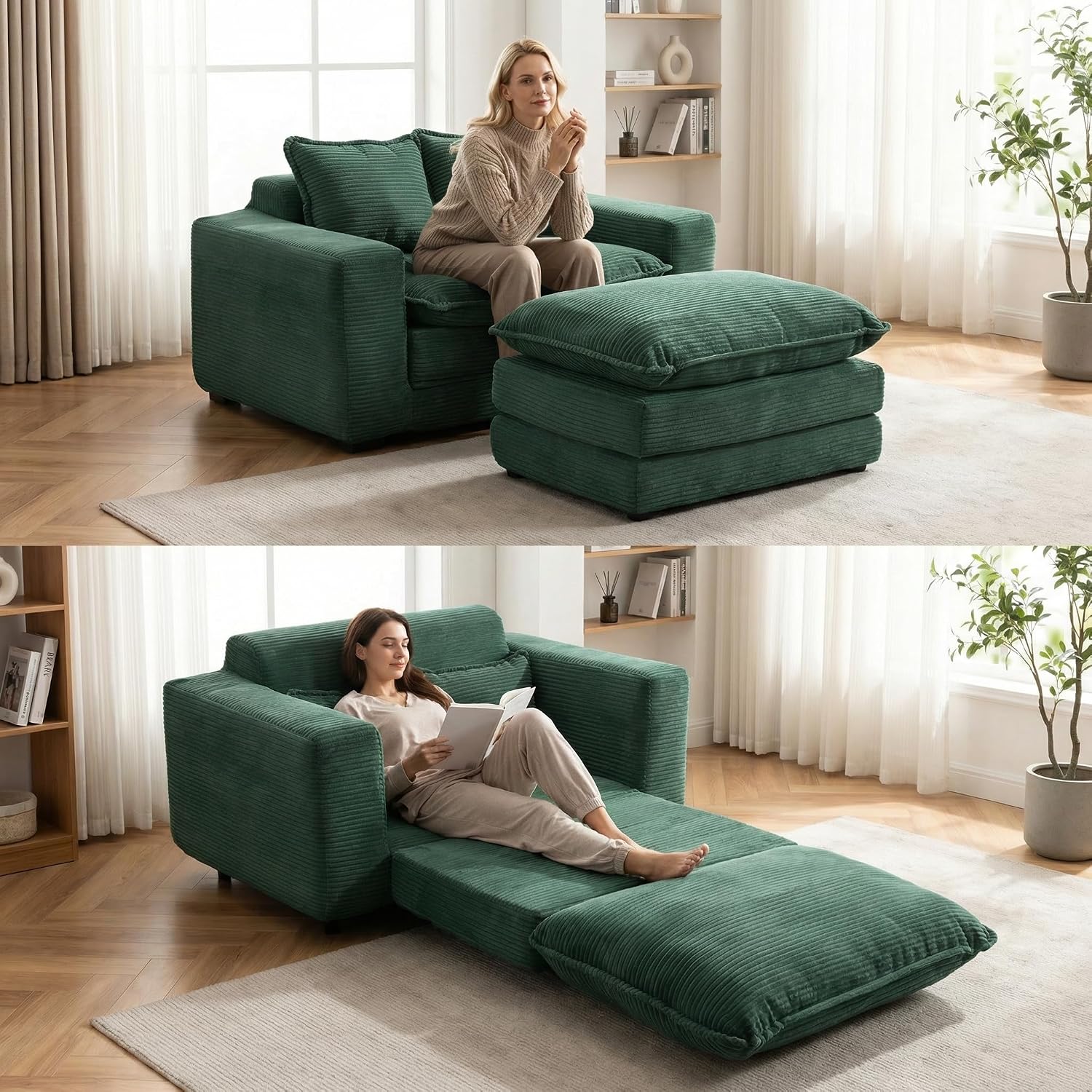 58" Sofa Bed with Ottoman, 3 in 1 Convertible Sofa Bed Folding Corduroy Boneless Sleeper Loveseat Mattress Futon Pull Out Couch Bed for Apartment Bedroom Living Room No Assembly 58-Green-L