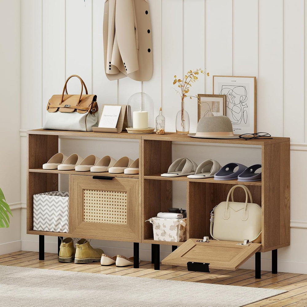Giantex Rattan End Table with Cabinet, Boho Nightstand with Storage Shelves, ...